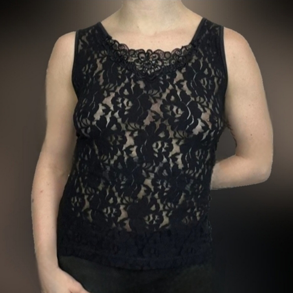 Vtg 90s Blk embroidered low scoop back mesh sheer floral lace tank cami M/L - Picture 1 of 16